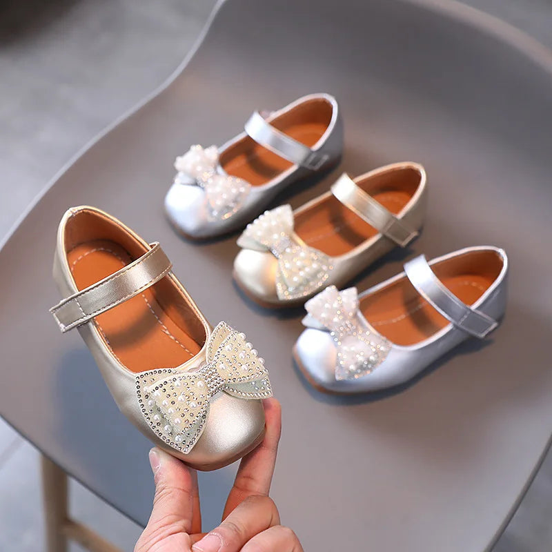 Children Princess Leather Shoes Casual Baby Gold Silver Girls Fashion Pearls Bowknot Sweet Flats Princess Kids Shoes CSH1500