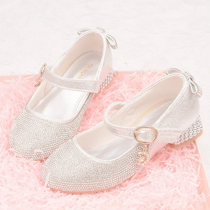 Fashion Children Girl Leather Shoes -Heel Cristal Glitter