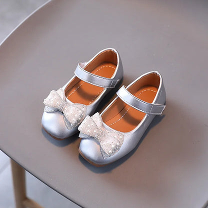 Children Princess Leather Shoes Casual Baby Gold Silver Girls Fashion Pearls Bowknot Sweet Flats Princess Kids Shoes CSH1500