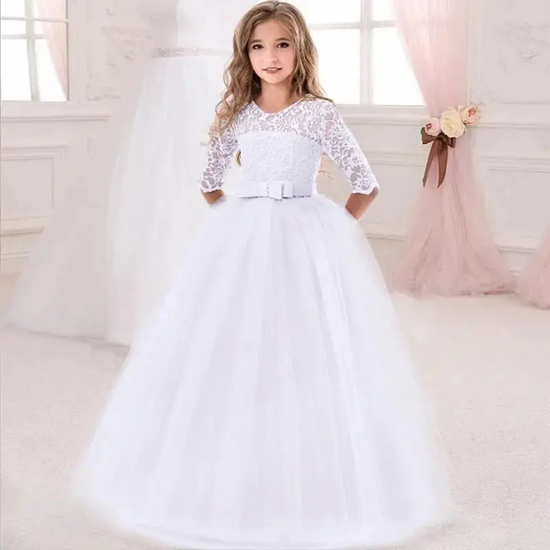 Elegant White Bridesmaid Girl Party Wedding Lace Dress Kids