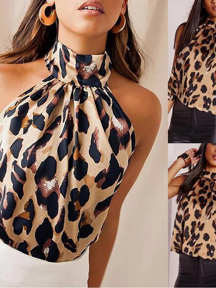 Women Blouses Leopard Print Shirts & Tops Halter