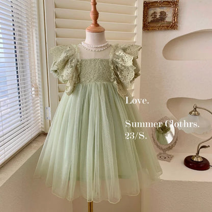 Children's Princess Dress In Green Korean Style Party Dress with Lace Pearl Flare Sleeves