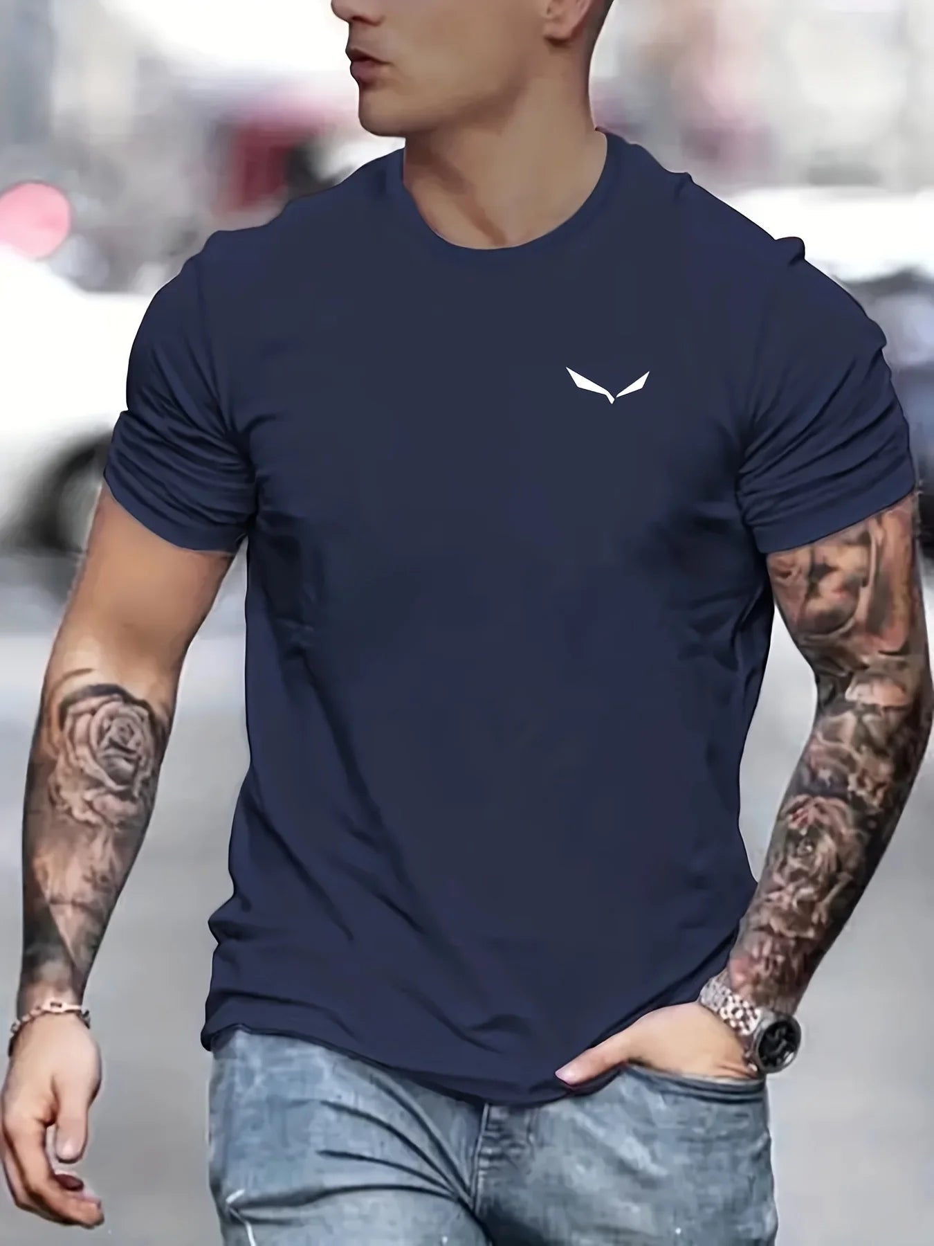 Men's Summer Loose Size 100% Cotton Bird Print Slim Fit Casual Round Neck Short Sleeve T-shirt Top