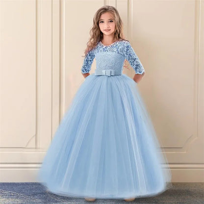 Elegant White Bridesmaid Girl Party Wedding Lace Dress Kids