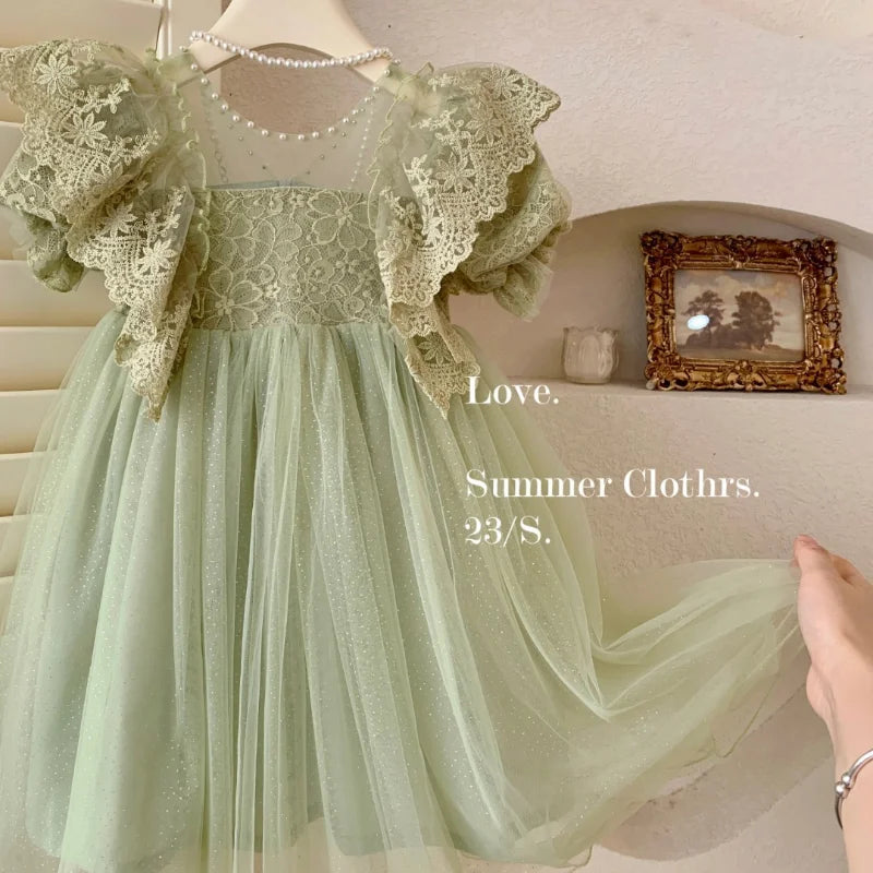 Children's Princess Dress In Green Korean Style Party Dress with Lace Pearl Flare Sleeves