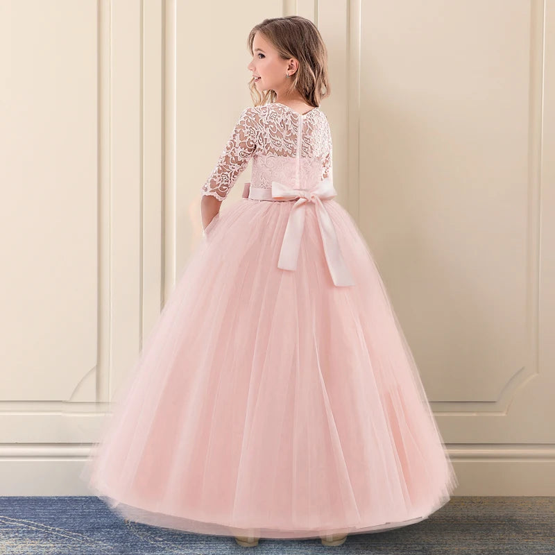 Elegant White Bridesmaid Girl Party Wedding Lace Dress Kids