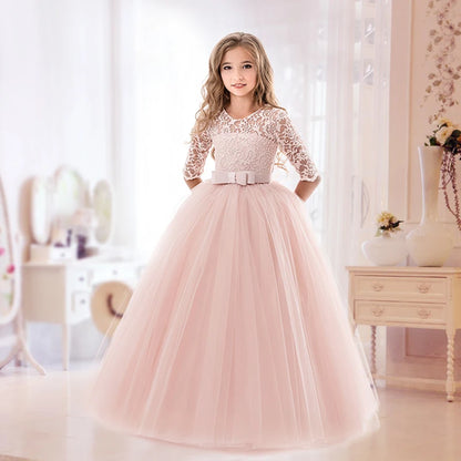 Elegant White Bridesmaid Girl Party Wedding Lace Dress Kids