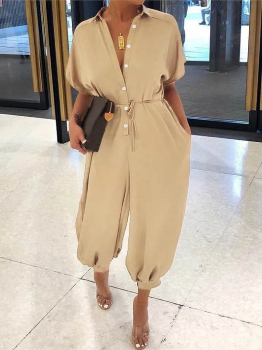 Summer Fashion V-Neck Button Lace-Up Jumpsuit