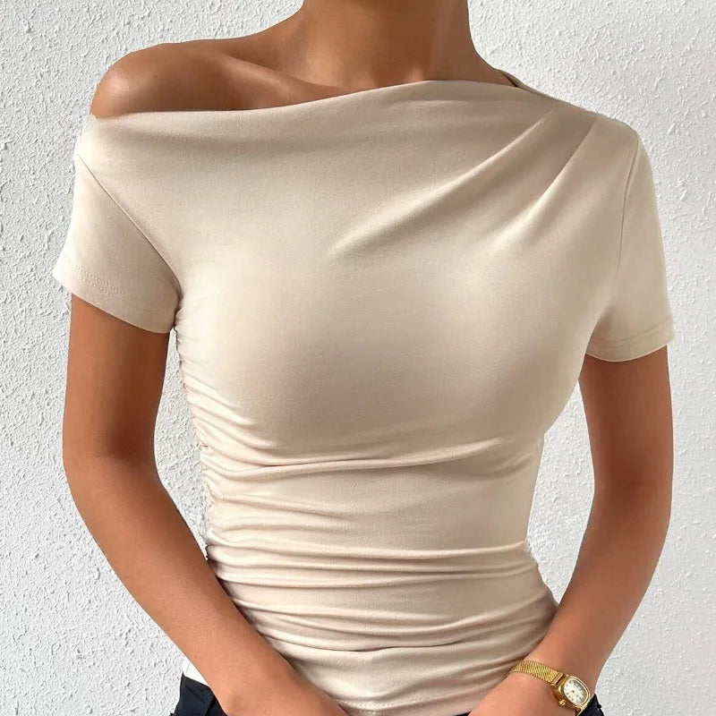 Elegant One Shoulder T-shirt,  Short Sleeve For Spring & Summer