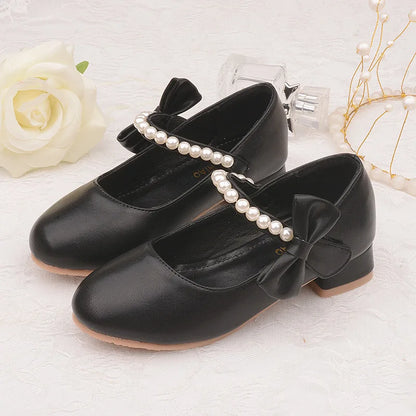 Children's Leather Shoes White Bow Girls High-heeled