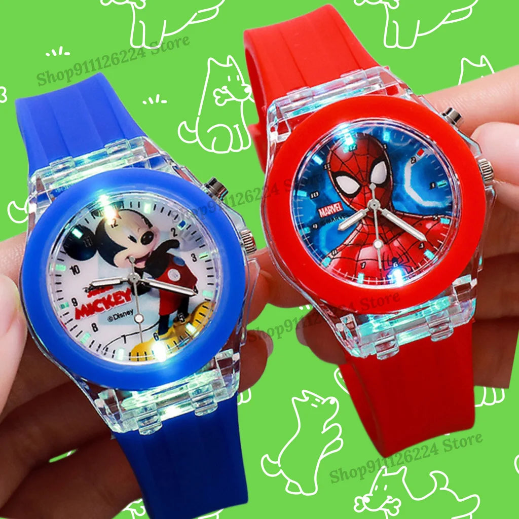 Disney Mickey Mouse Girls Watches Children Silicone Strap Colorful Light Spiderman Kids