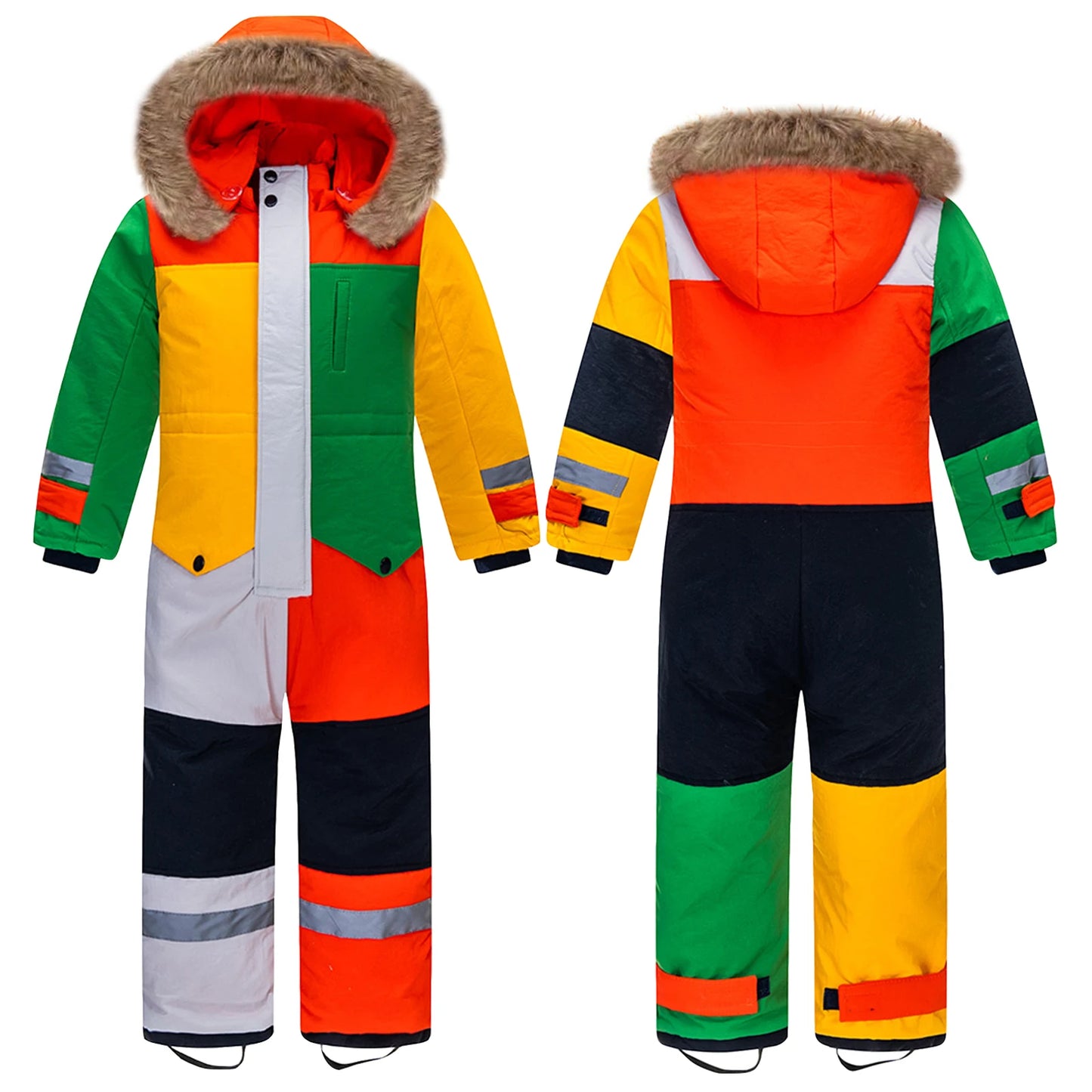 Children's Ski Suits One-Piece Snowboarding Fur Collar Hooded Thickening Windproof Warm Winter Skiing Clothes for Girls Boys