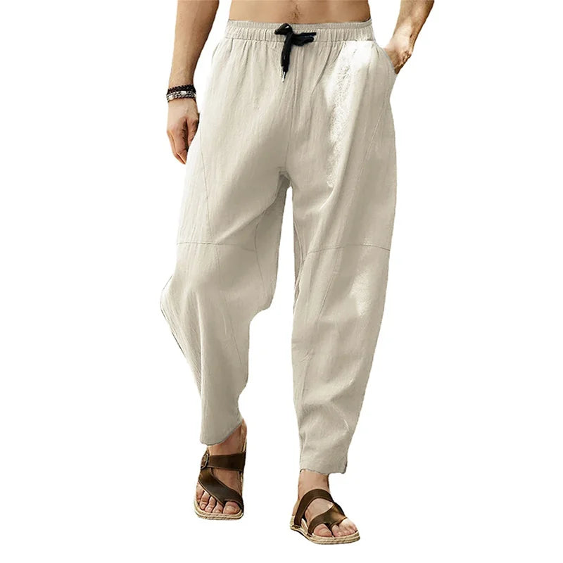 Cotton Linen Harem Pants Men Solid Elastic Waist Streetwear Joggers 2023 New Baggy Drop-crotch Pants Casual Trousers Men