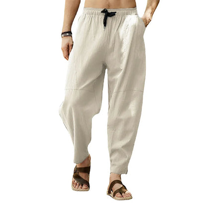 Cotton Linen Pants Men Solid Elastic Waist Streetwear Trousers Men