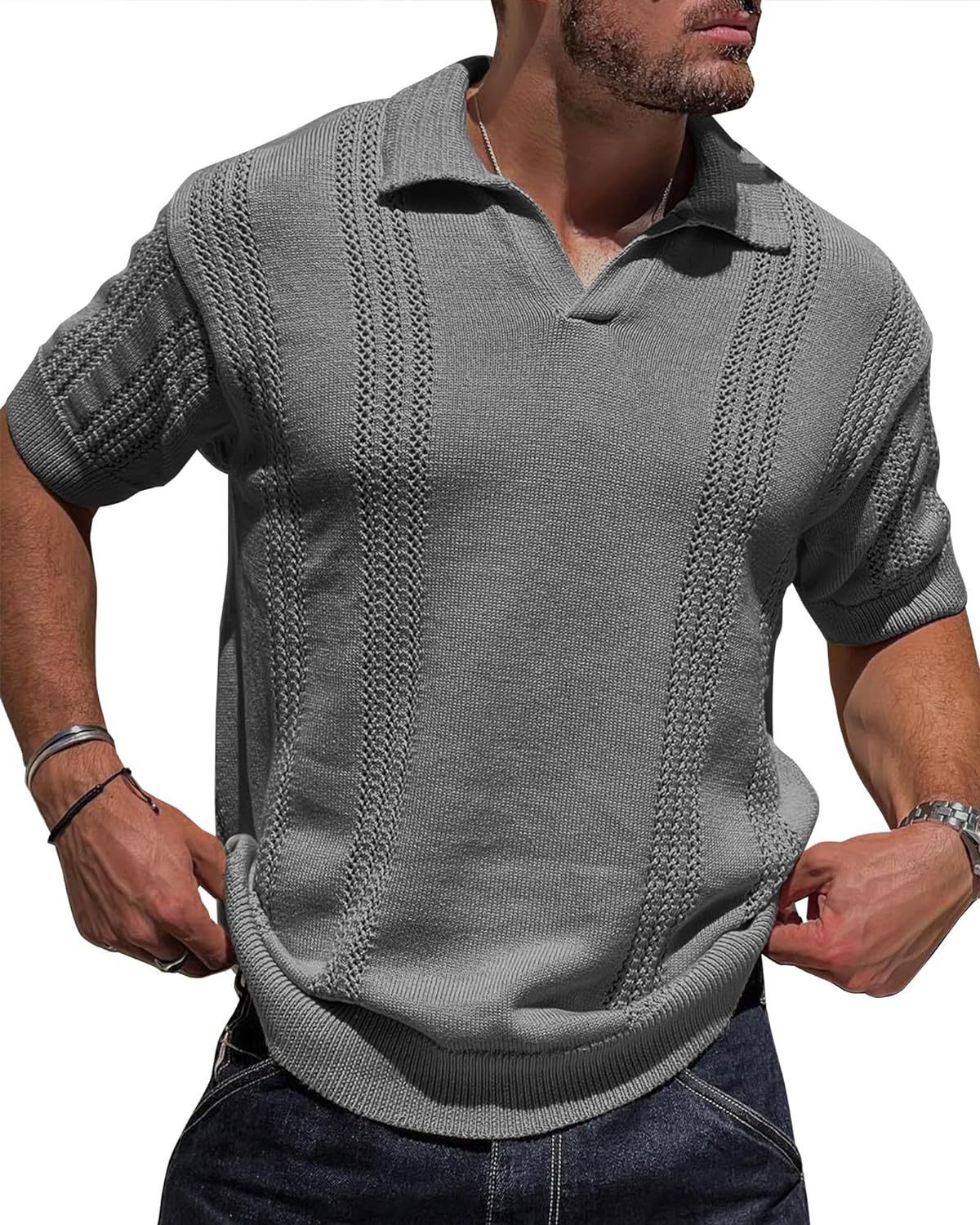 Men's Knitted Polo Shirt Short Sleeve V-neck