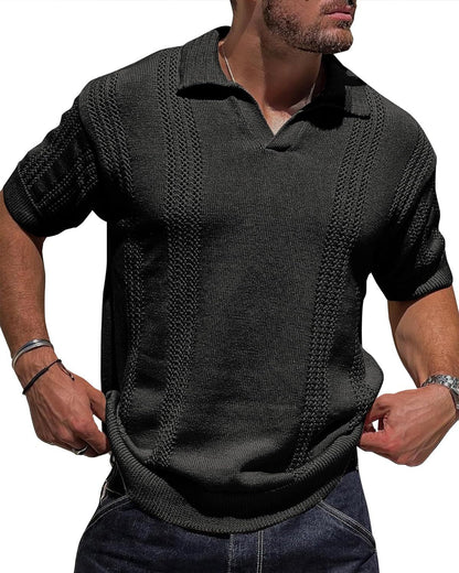 Men's Knitted Polo Shirt Short Sleeve V-neck