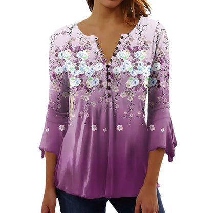 Floral Printed Sleeves V-neck Buttons Shirt