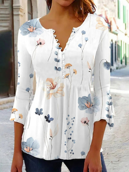 Floral Printed Sleeves V-neck Buttons Shirt