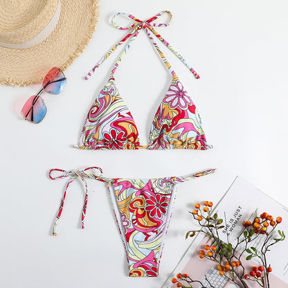 Triangle Printed Bikini For Women  Hanging Neck Swimsuit