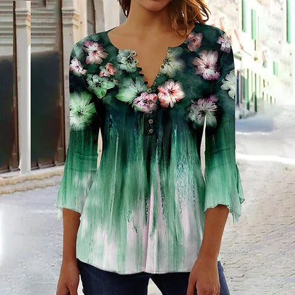 Floral Printed Sleeves V-neck Buttons Shirt