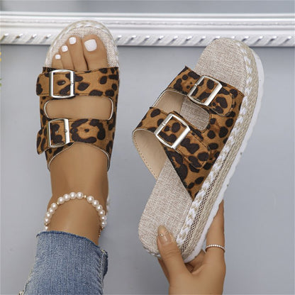 Summer Double Buckle Leopard Print Flat Sandals  For Women