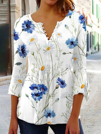 Floral Printed Sleeves V-neck Buttons Shirt