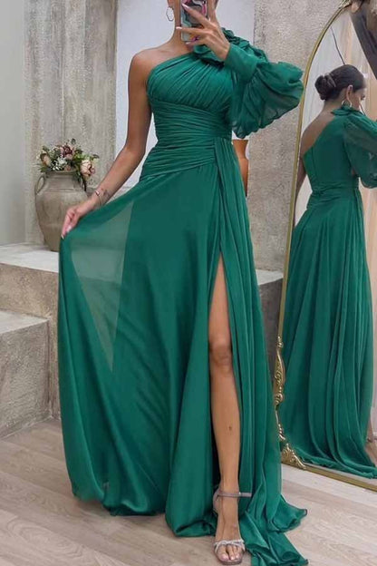 Oblique Shoulder Party Chiffon Long Sleeve Dress